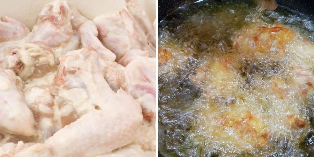 Photos of the chicken soaking in buttermilk and frying in the skillet.