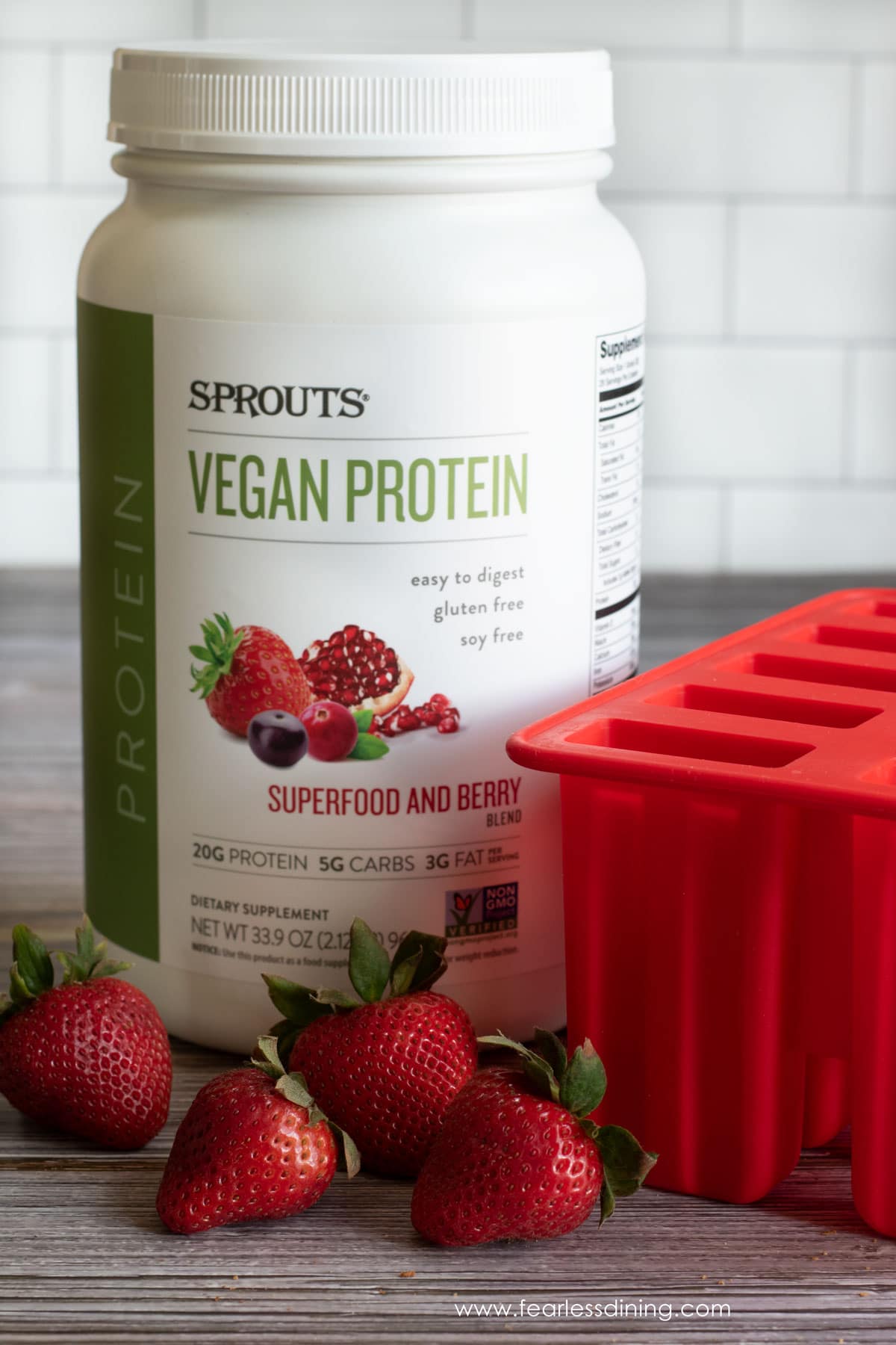 A container of Sprout Market's vegan protein powder.