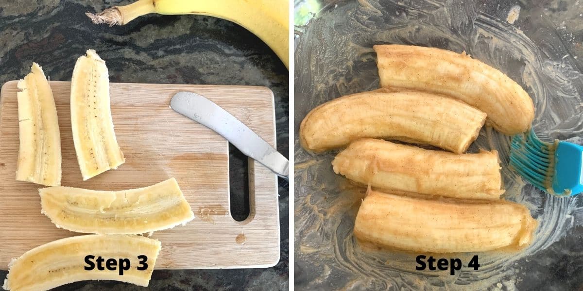 Photos of the sliced bananas and the bananas in the butter.
