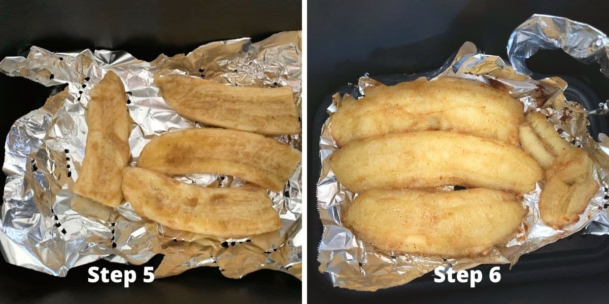 The bananas before and after cooking in the air fryer.