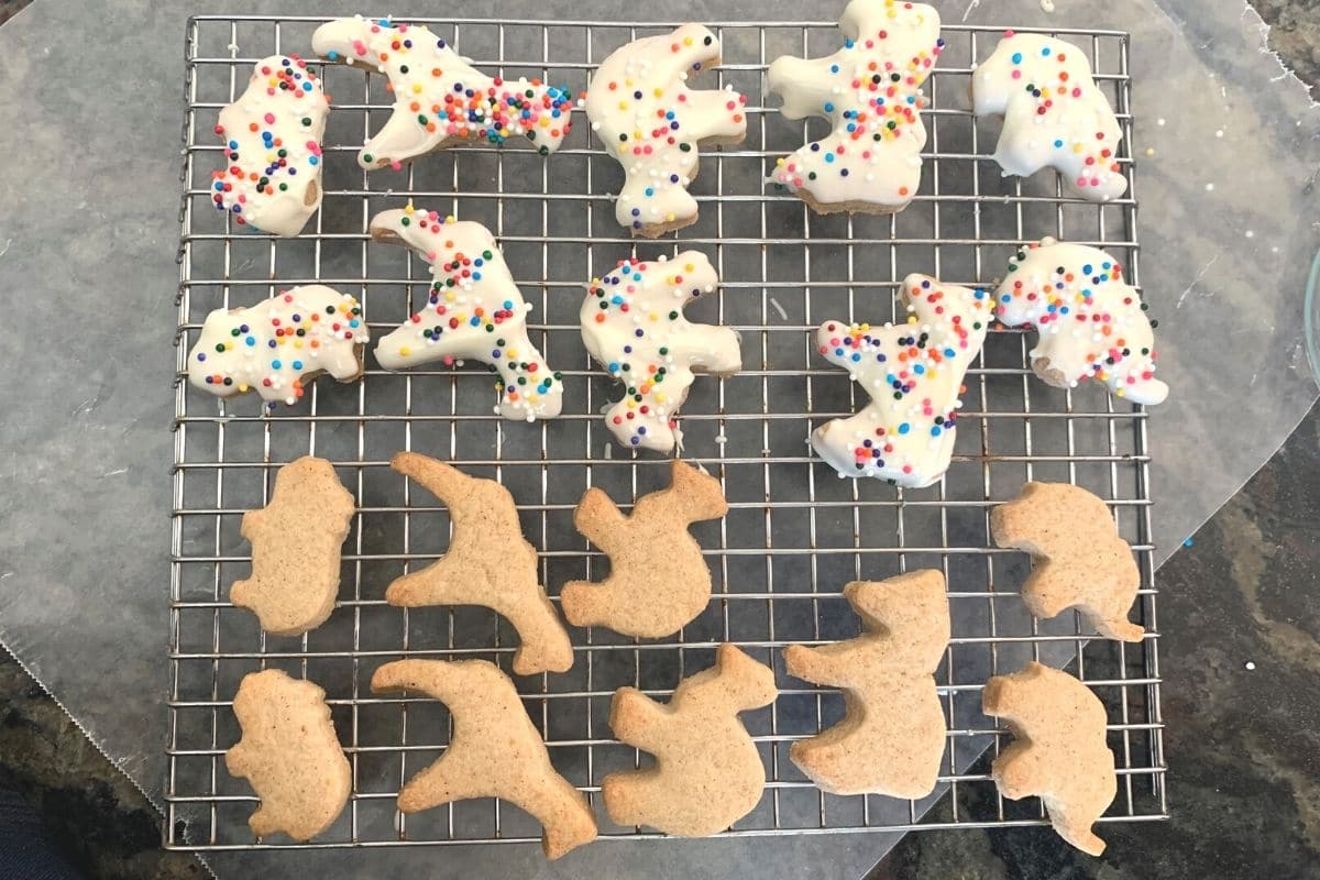 The animal cookies on a rack.