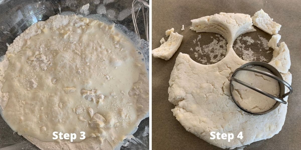 photos of the cold butter cut into the flour and cutting the biscuits.