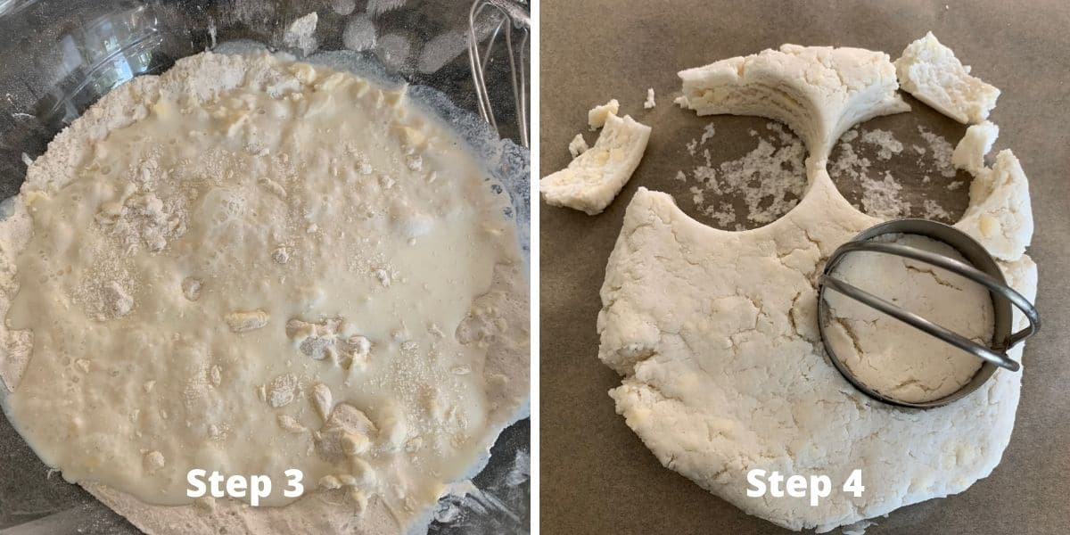 Photos of the cold butter cut into the flour and cutting the biscuits.