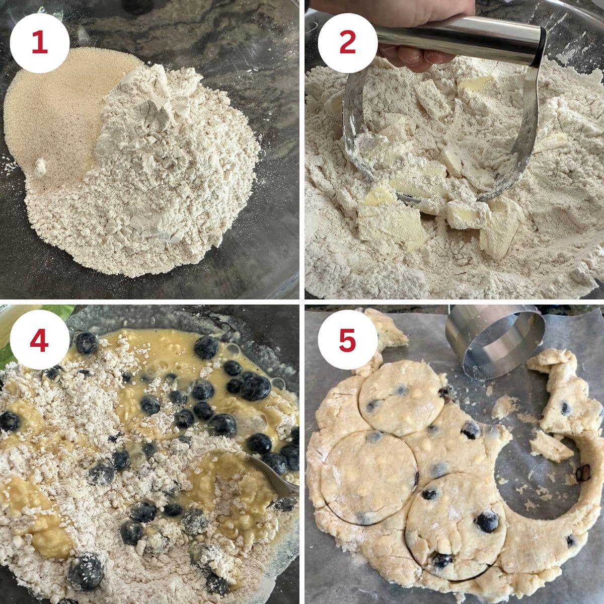 Photos of steps 1, 2, 4, and 5 making this scone recipe.