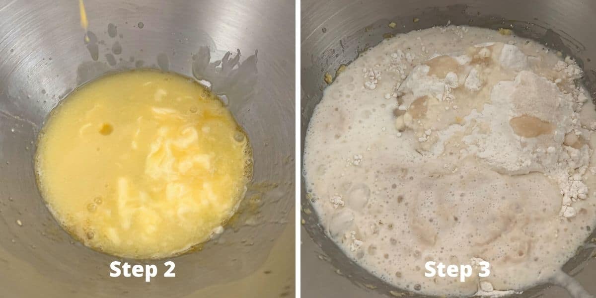Photos of the eggs and butter in the standing mixer.