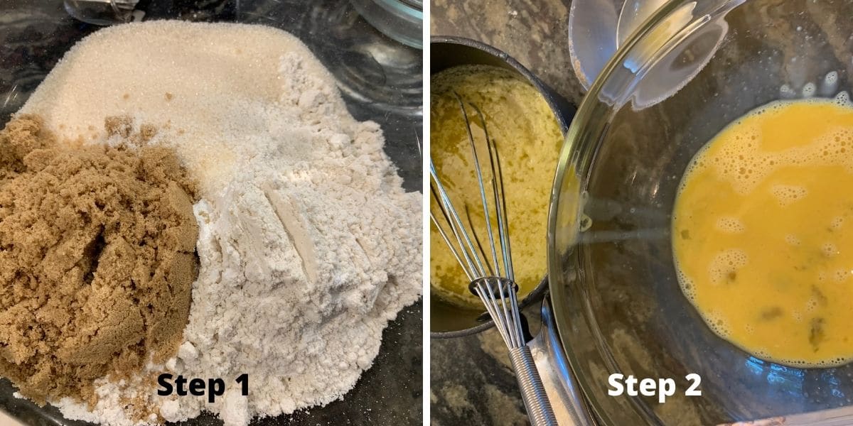 photos of mixing both the wet and dry ingredients in separate bowls.