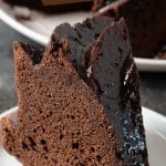a slice of gluten free chocolate pound cake on a plate.