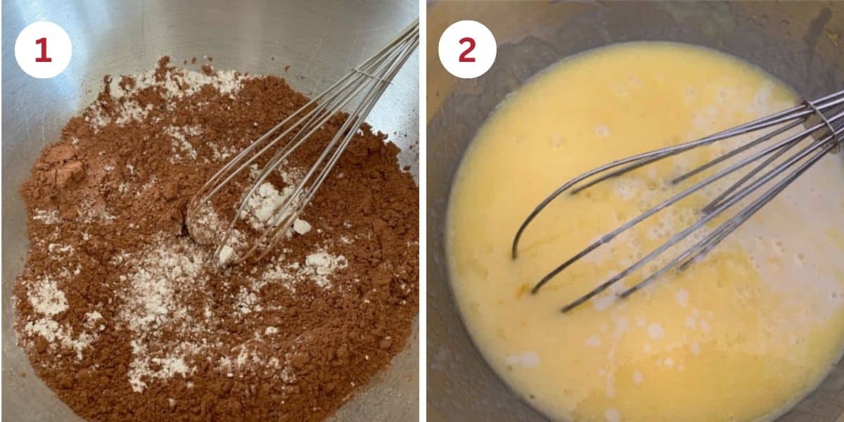 Photos of two mixing bowls. One has the dry ingredients and the other has the wet ingredients.