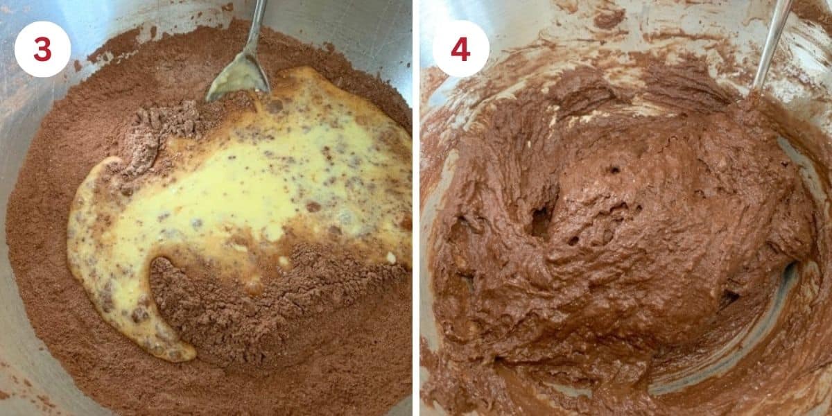 Photos mixing the wet and dry ingredients into a creamy cake batter.