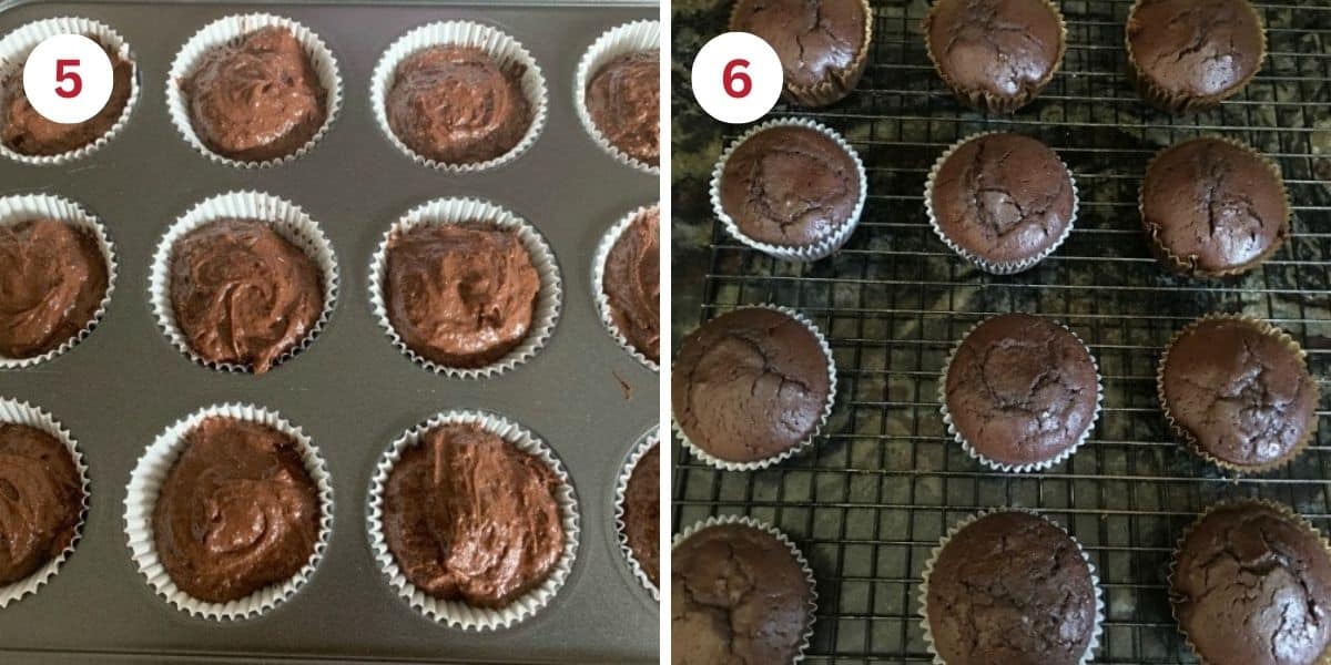 Photos showing the chocolate cupcake batter in the pan before and after baking.