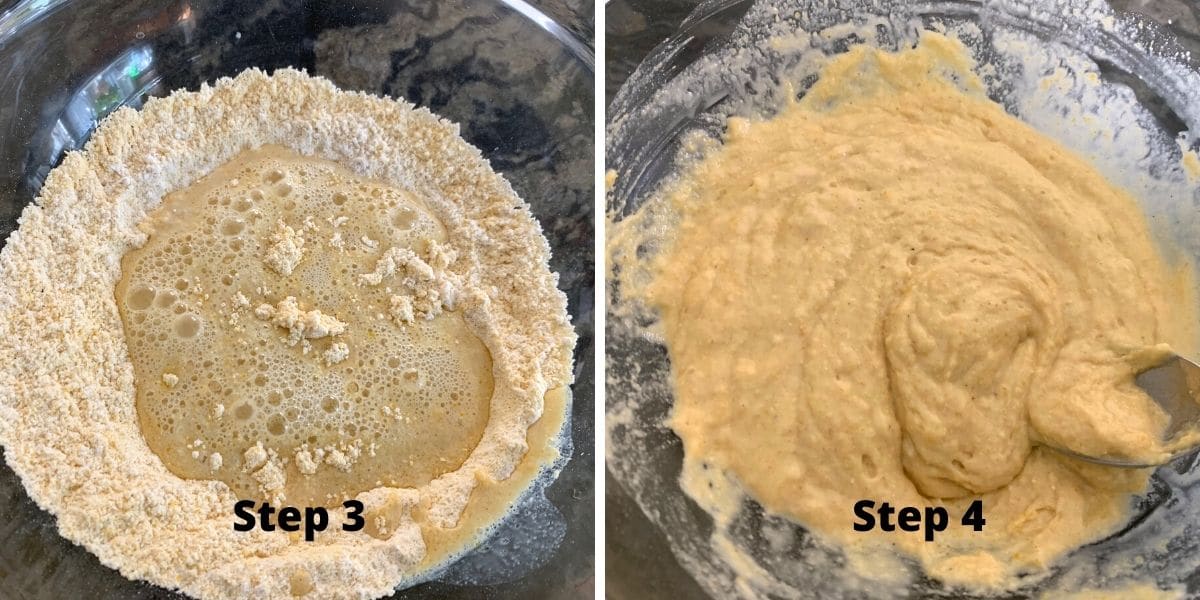 photos of the cornmeal pancake batter in a bowl.