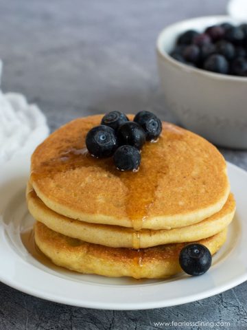 gluten free cornmeal pancake stack with syrup