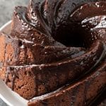 A top view of the gluten free chocolate pound cake with chocolate ganache.