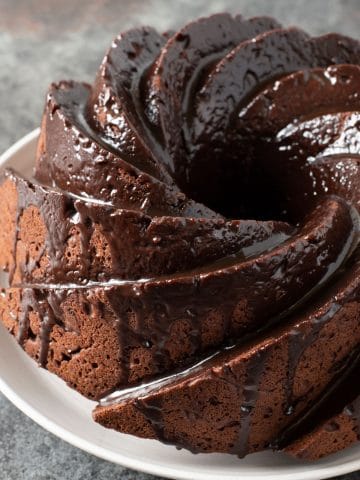 A top view of the gluten free chocolate pound cake with chocolate ganache.