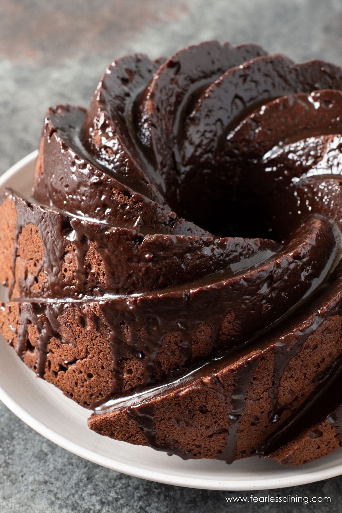 A top view of the gluten free chocolate pound cake with chocolate ganache.