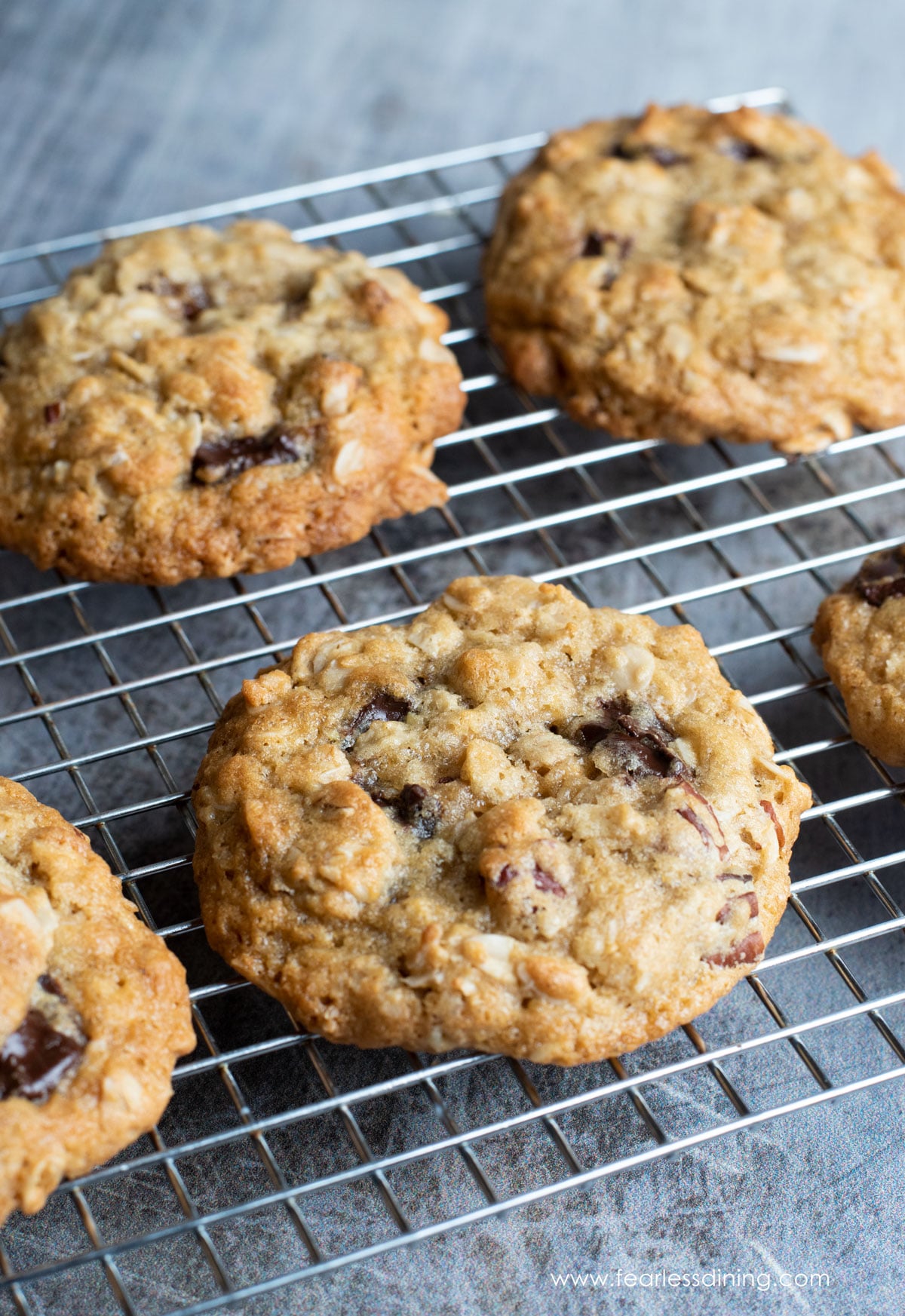 Gluten free chocolate chip cookies on a wire rack.