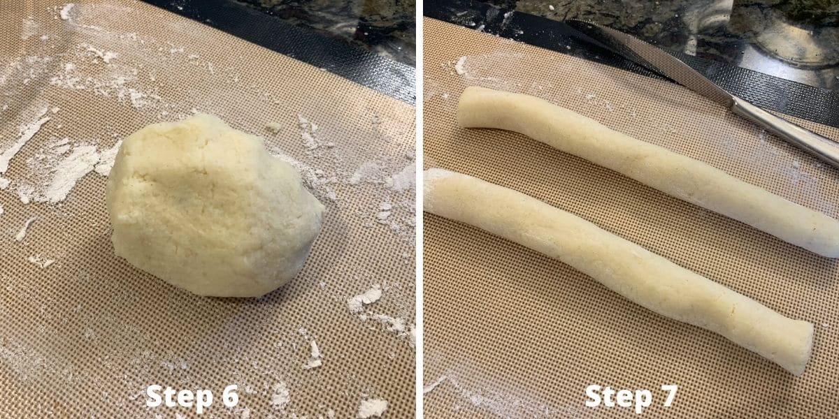 photos of the gnocchi dough and rolling the dough.