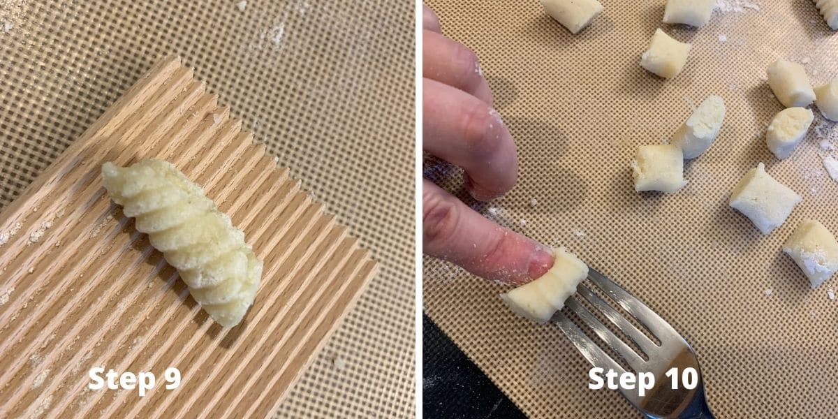 photos showing how to roll the dough on a gnocchi board or fork.