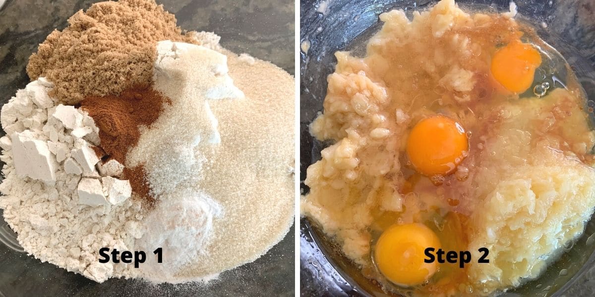 photos of the wet and dry ingredients in bowls.
