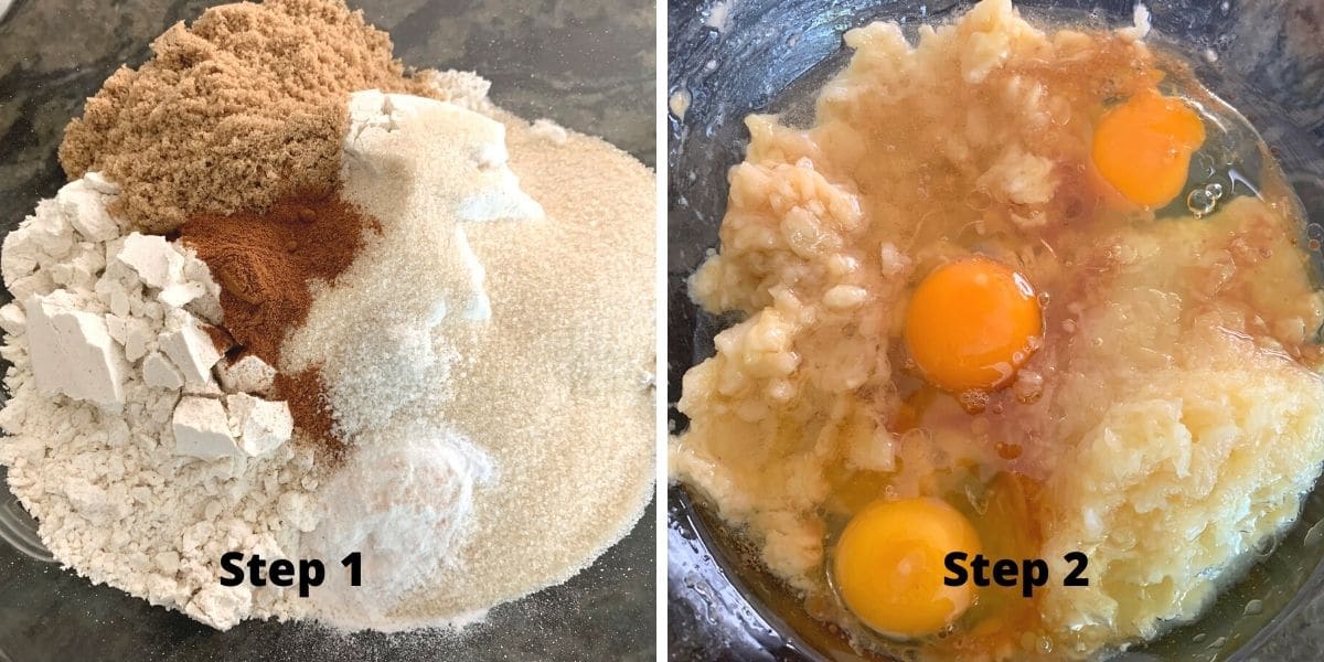 Photos of the wet and dry ingredients in bowls.