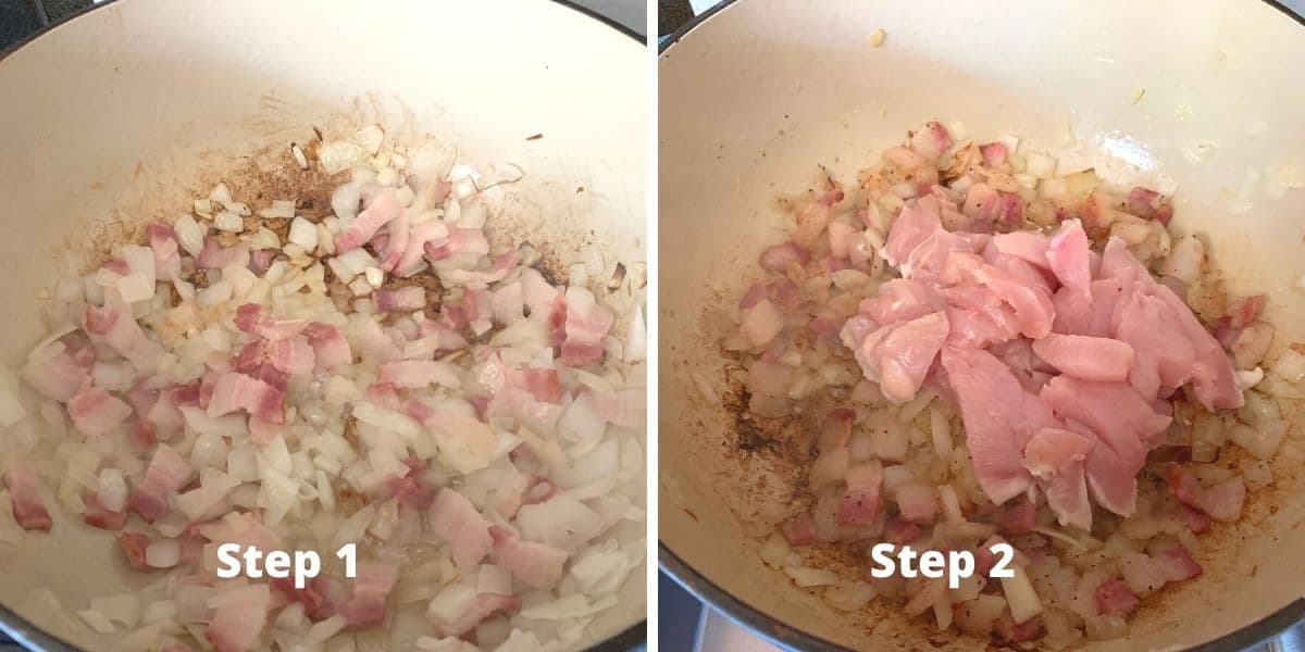 Photos of browning the bacon and onions.