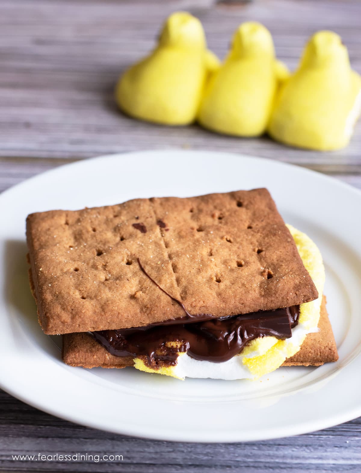 A s'mores made with a yellow Easter peep.