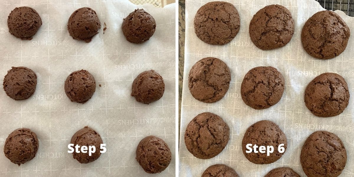 Photos of the whoopie pies on a baking sheet.