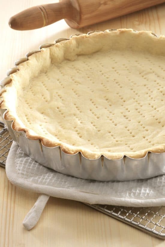 A baked pie crust in a pan.
