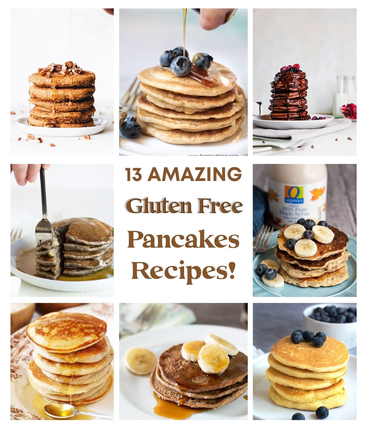 Eight different gluten-free pancake photos.