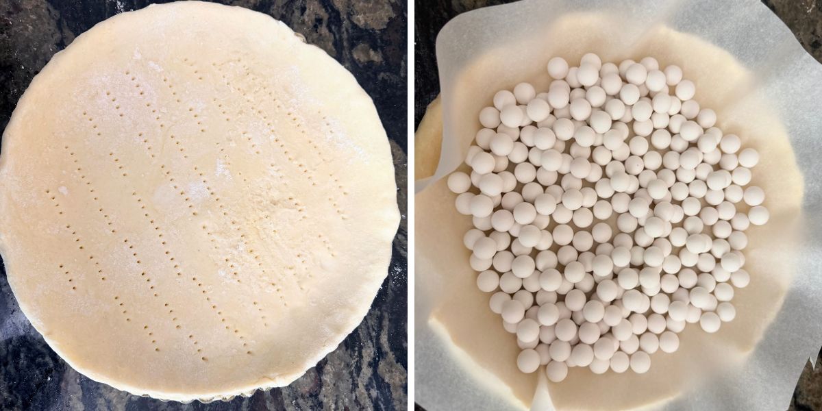 Photos of the pie crust in the pan and of the pie weights on the crust.