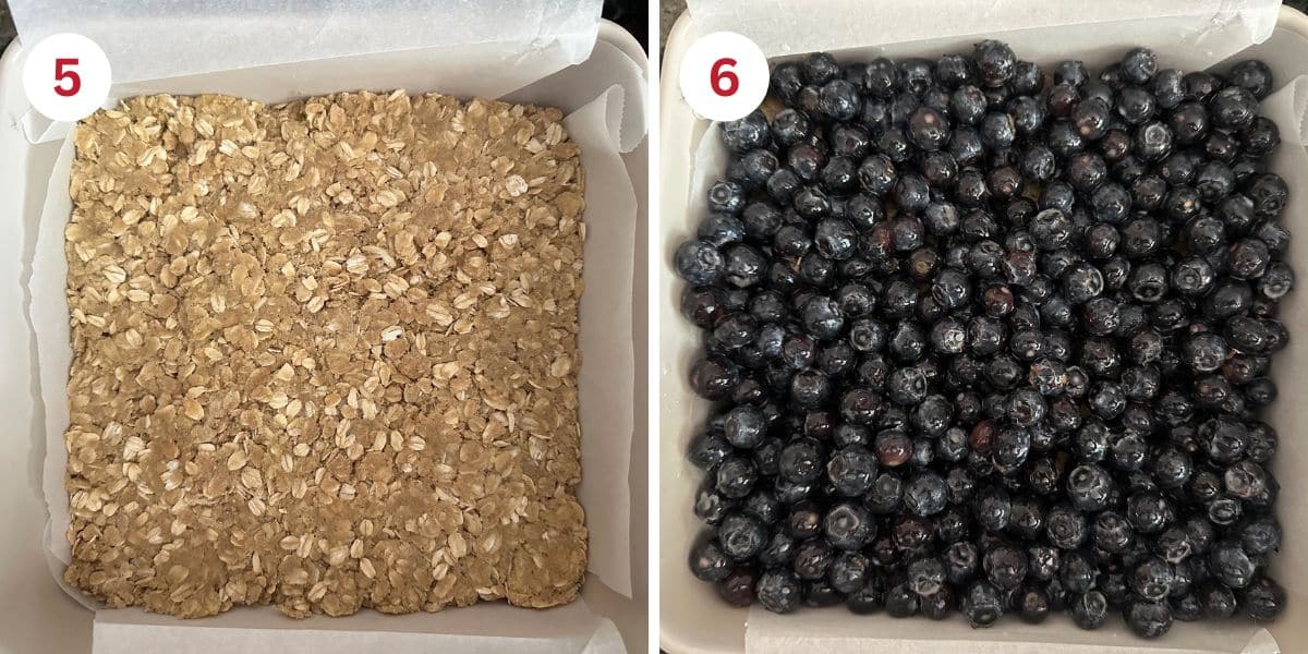 Photos showing the crust in the pan and the blueberry mixture over the crust.