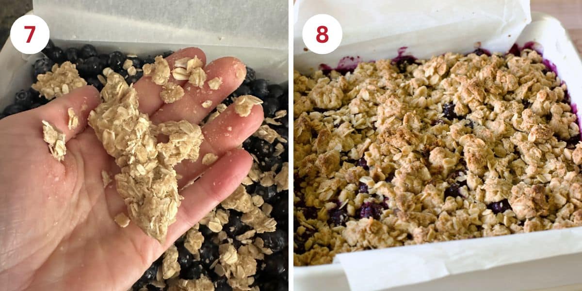 Photos showing how to make crumble clumps and the baked gluten-free blueberry bars.
