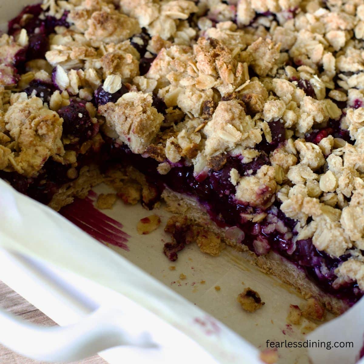 Blueberry bars in the pan so you can see the layers.