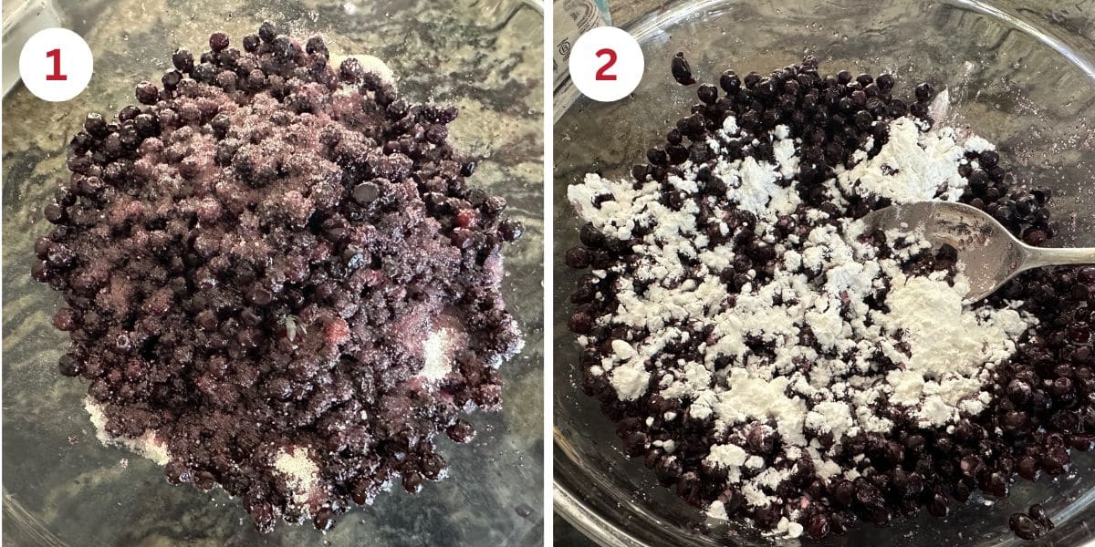 Photos mixing the blueberries with the sugar, lemon juice, and starch.