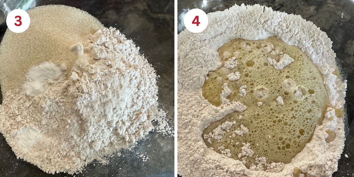 Photos showing mixing the cobbler cake like batter topping.