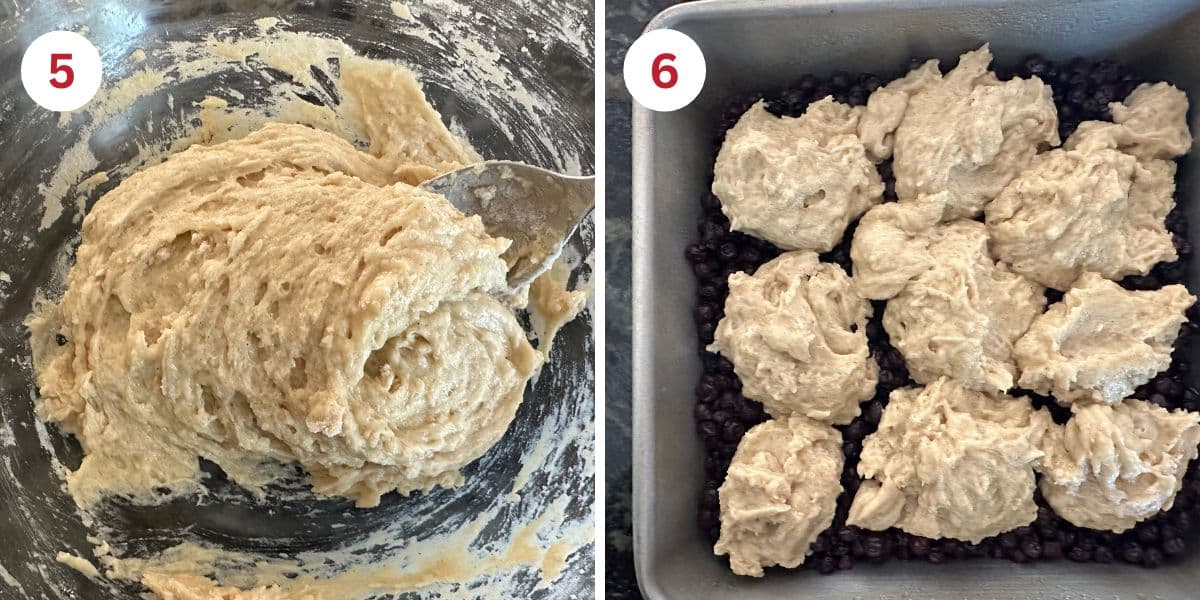 Photos showing the cobber batter texture and assembling the cobbler.