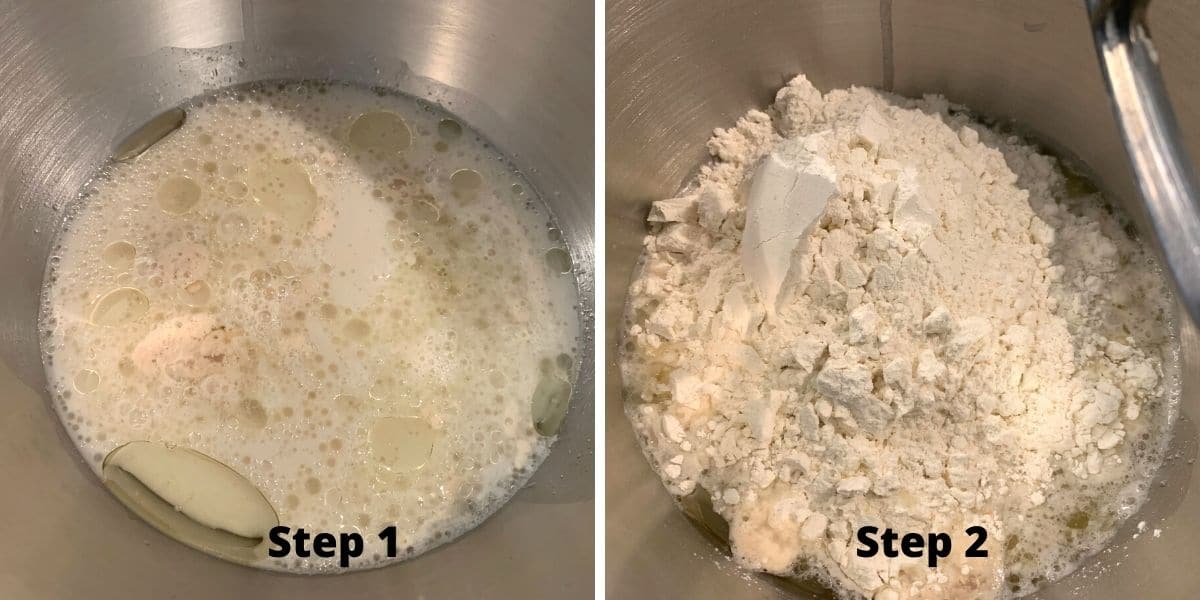 Photos of cinnamon rolls ingredients in a standing mixer.