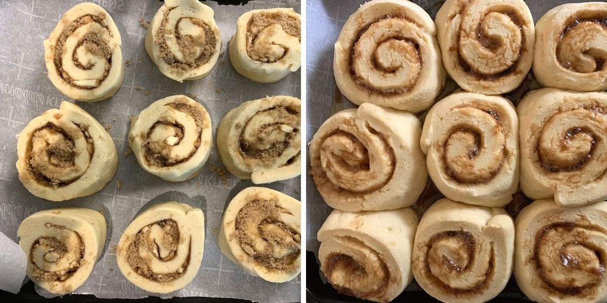 Before and after rising the cinnamon rolls photos.