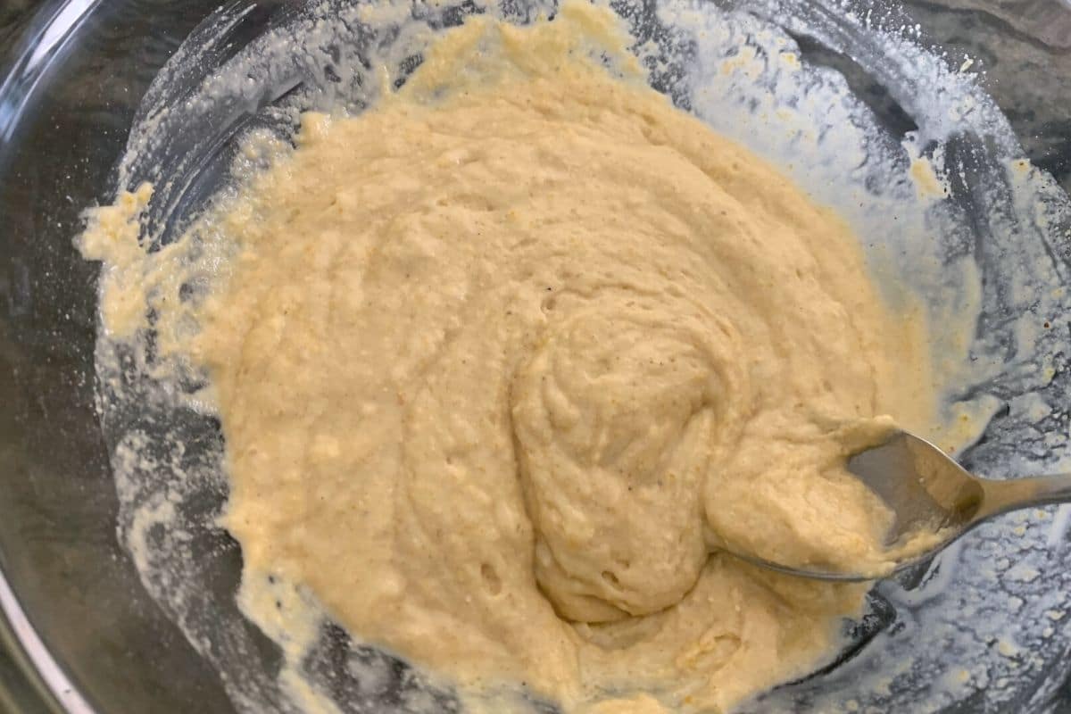 Batter in a glass mixing bowl.