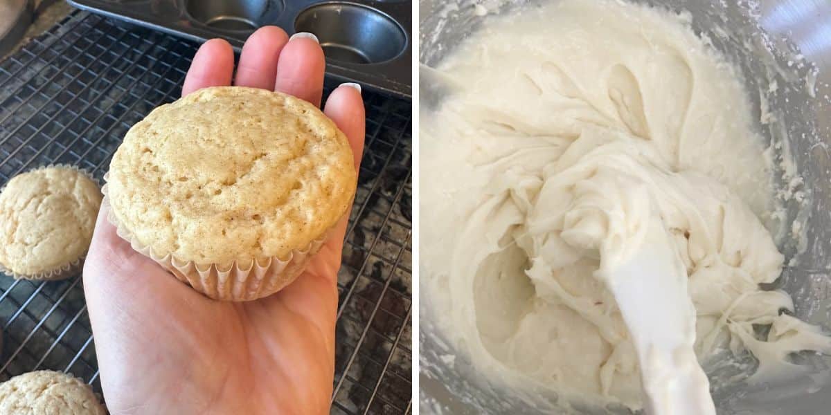 Showing a baked cupcake and the mixer bowl full of lemon frosting.