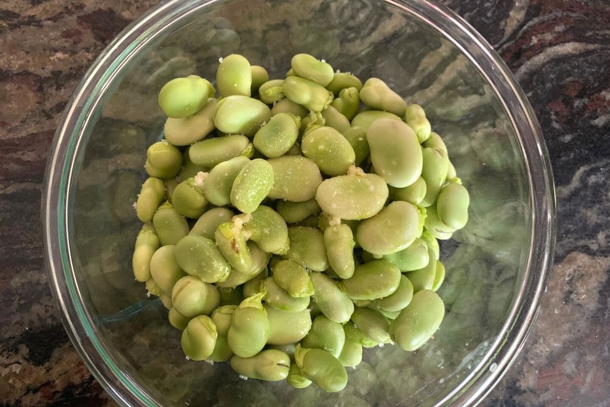 A bowl of seasoned fava beans ready to roast.