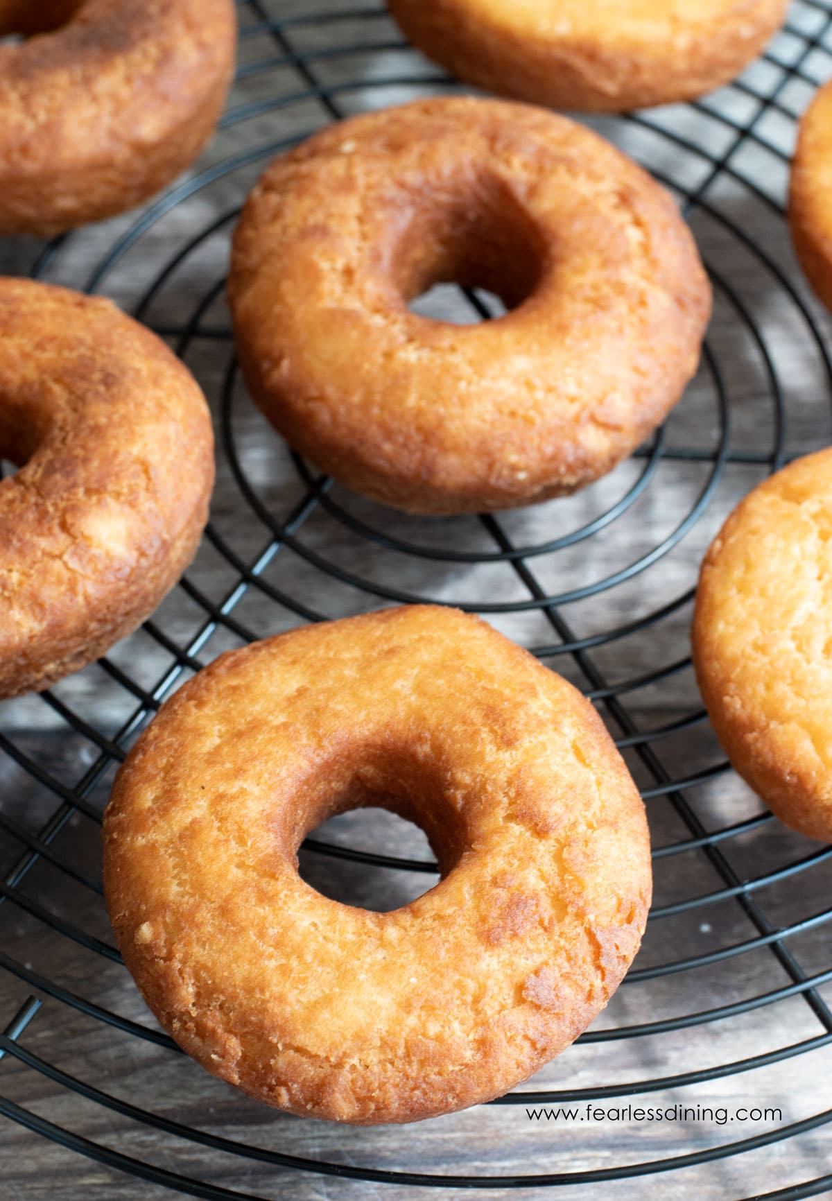 Fried gluten free donuts on a wire rack.