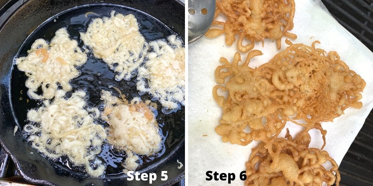 Photos of the funnel cake frying in hot oil.