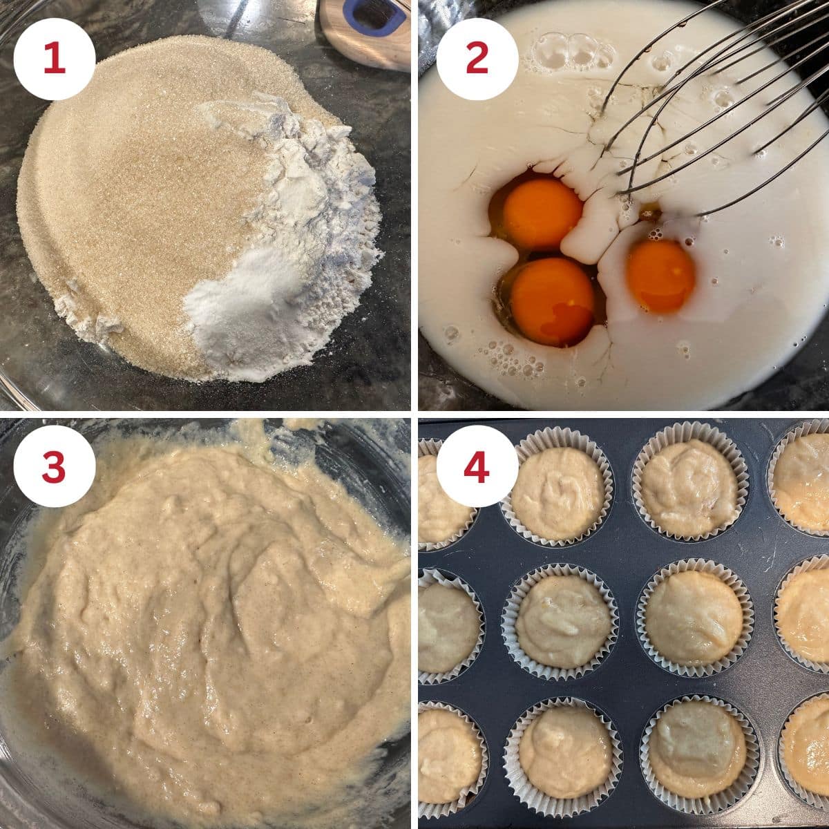 Photos showing all of the steps to mix the lemon cupcake batter.