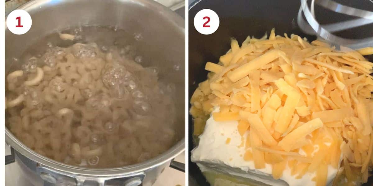 Photos showing cooking the gluten-free pasta and the cheese sauce.