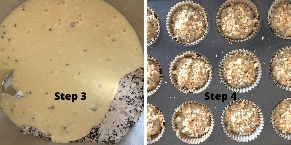 photos of the mochi muffin batter in a muffin tin.
