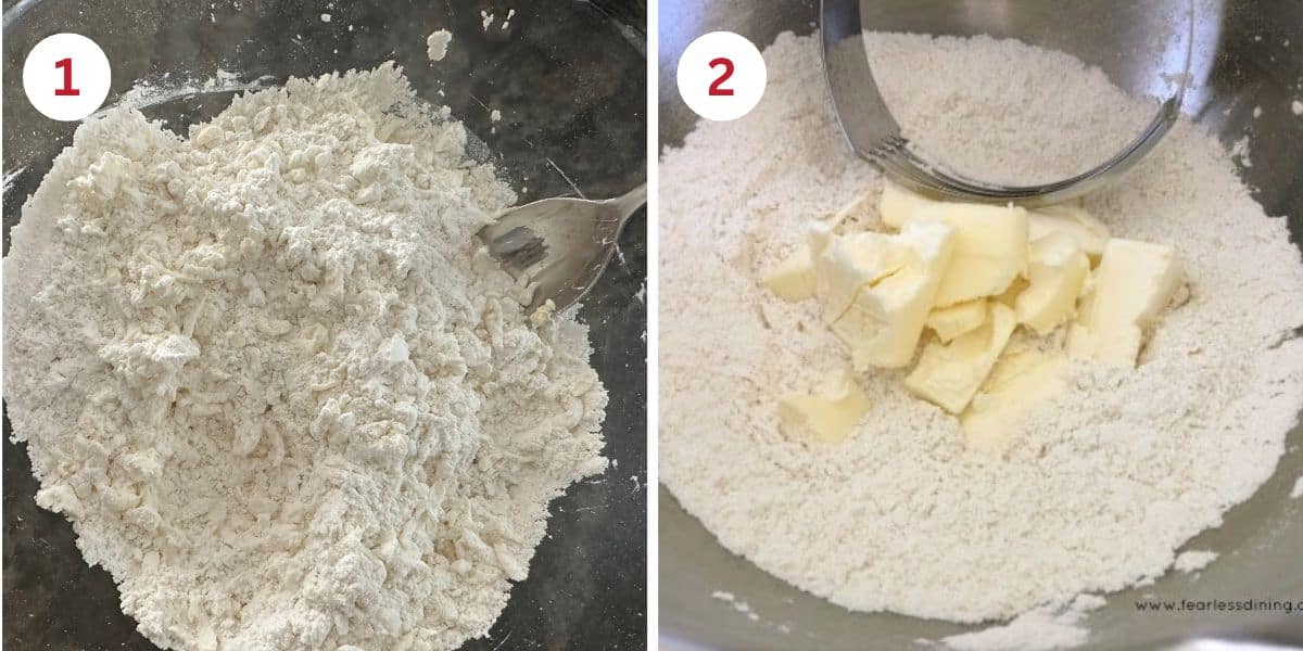 Photos of the dry pie crust ingredients and cutting in the butter with a pastry blender.