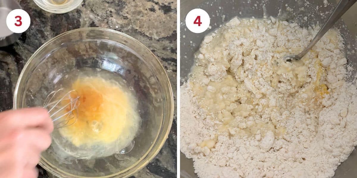 Mixing the wet ingredients and pouring them into the dry ingredients.