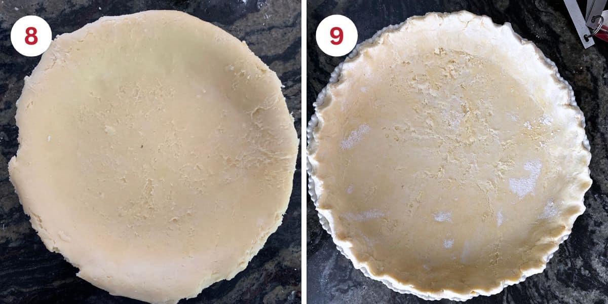 Photos showing the unbaked pie dough in the pie pan.