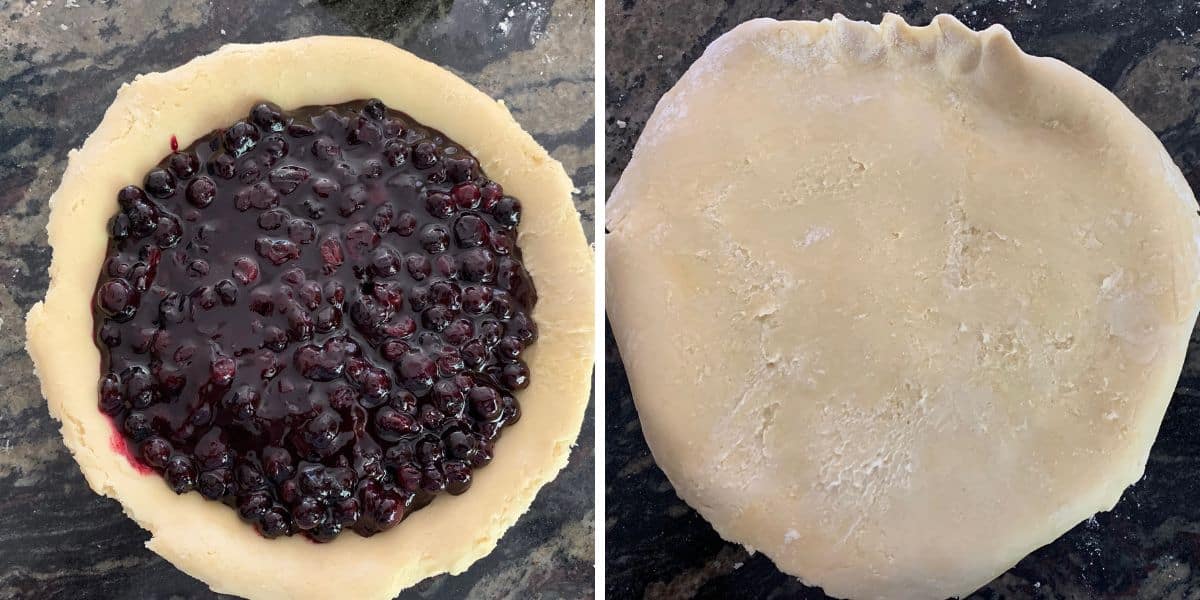 Photos of the pie filling in the crust and a top crust of dough on top of the filling.